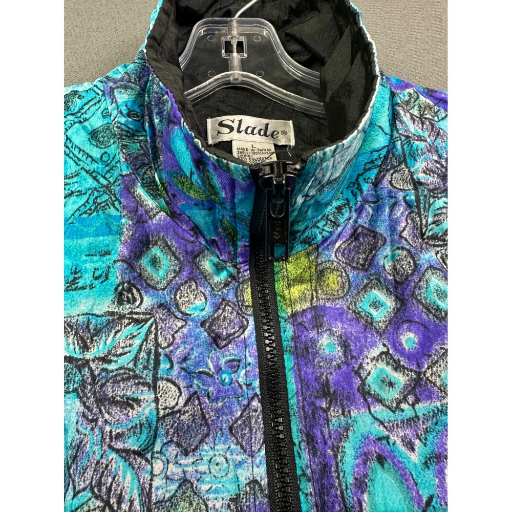 Vintage Slade Women Large‎ Abstract Geometric Windbreaker Jacket Teal Purple 90s